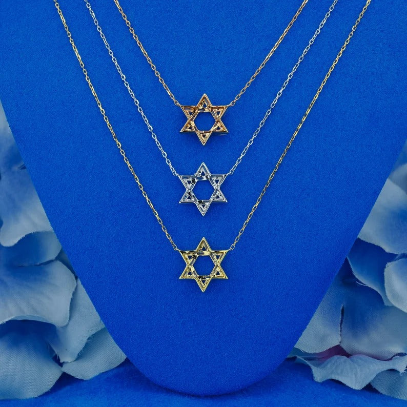 Natural Diamond Baguette and Round Open Star of David Necklace