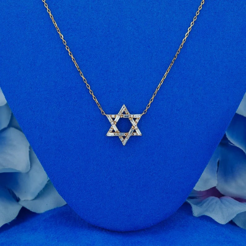 Natural Diamond Baguette and Round Open Star of David Necklace