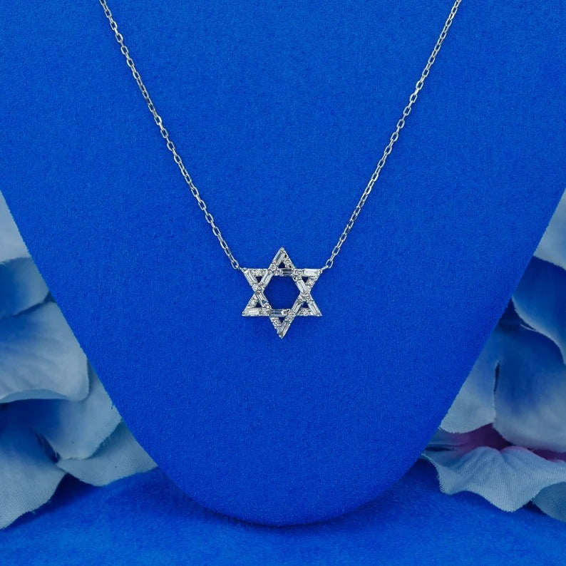 Natural Diamond Baguette and Round Open Star of David Necklace