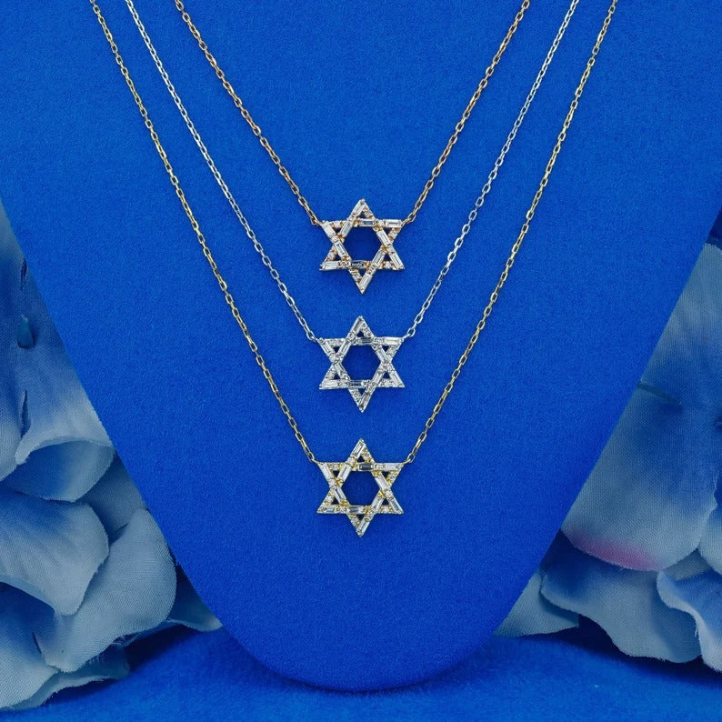 Natural Diamond Baguette and Round Open Star of David Necklace