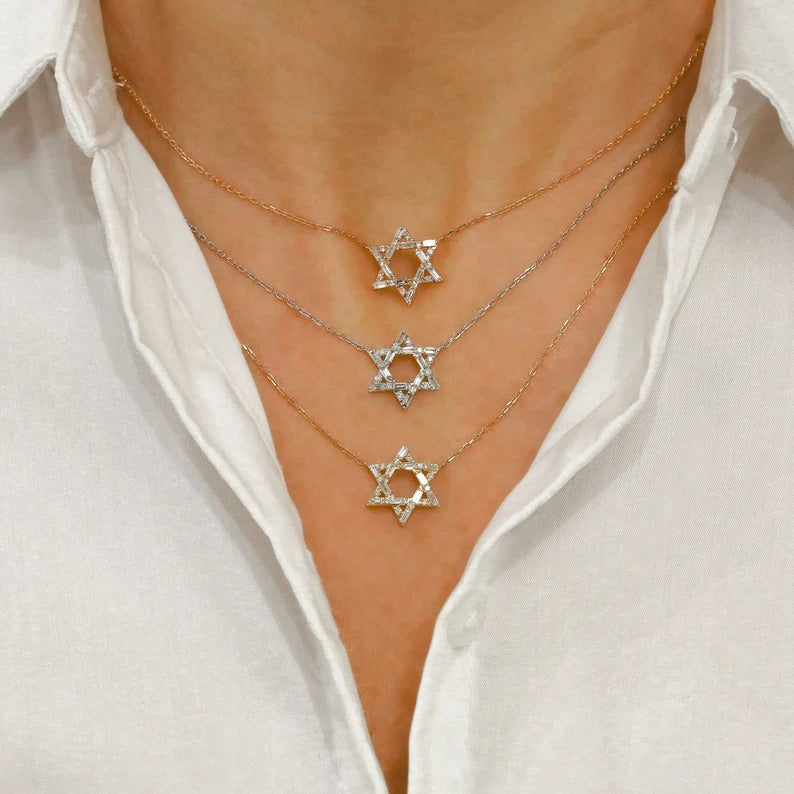 Natural Diamond Baguette and Round Open Star of David Necklace