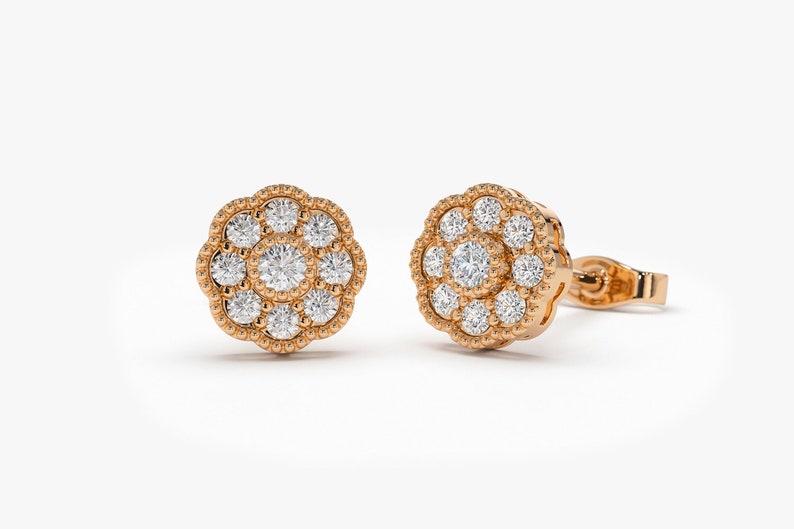 14k Gold Floral Diamond Studs