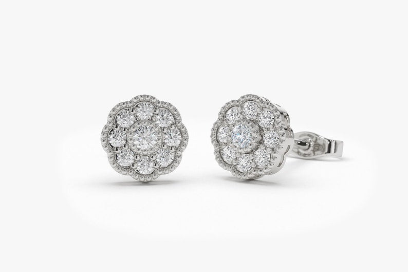 14k Gold Floral Diamond Studs