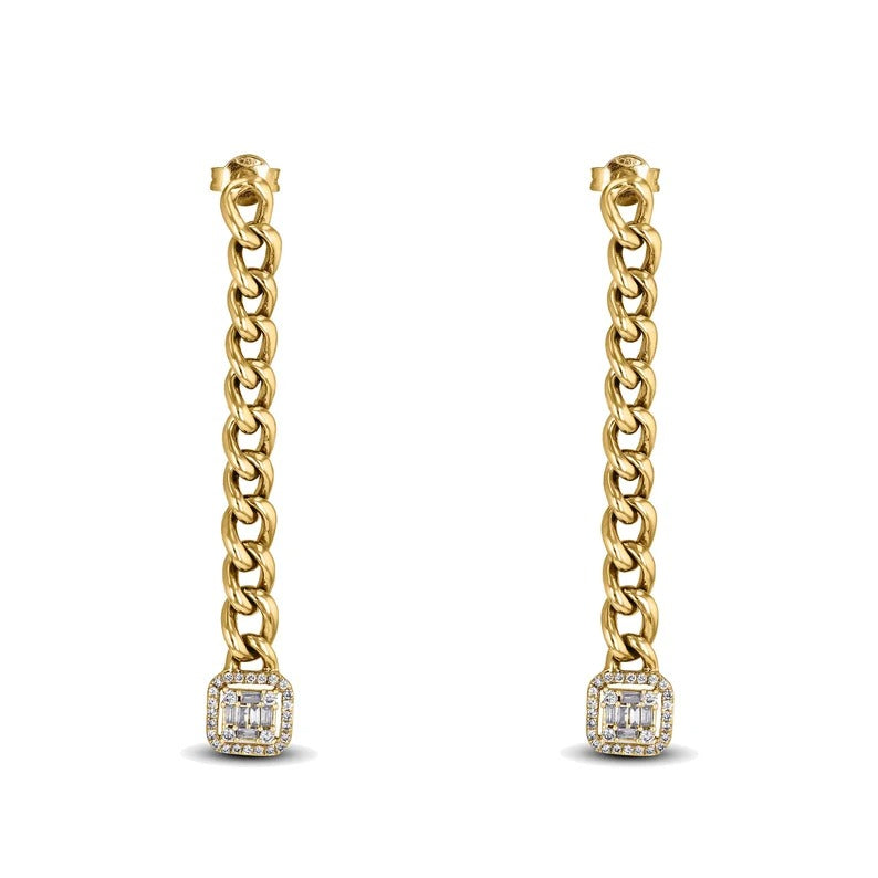 Genuine Diamond Cuban Link Chain Hanging Drop Dangling Earrings