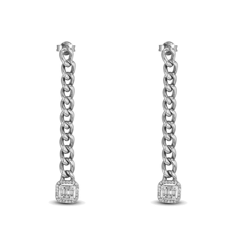 Genuine Diamond Cuban Link Chain Hanging Drop Dangling Earrings