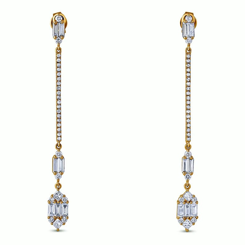 Natural Diamond Long Dangling Linear 2 Inch Drop Baguette Earrings