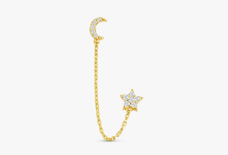 14k Gold White Diamond Moon and Star Earrings